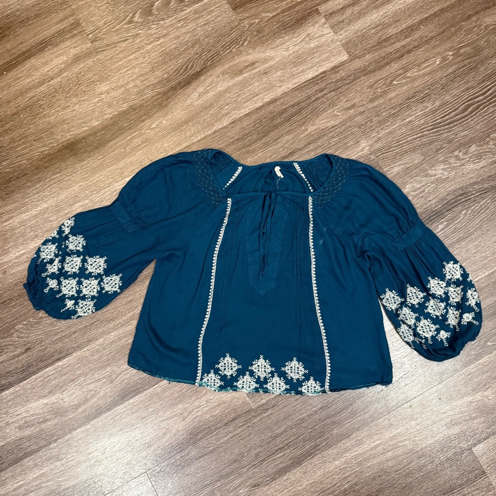 Anthropologie Floreat Teal Blouse with White Embroidery